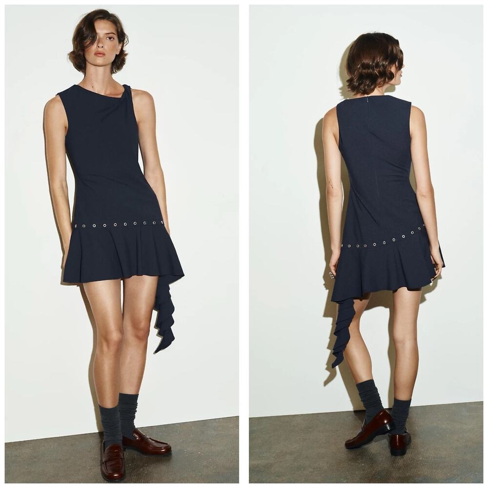 ZARA Short Asymmetric Studded Dress Size XS Navy Grommet Twist Strap 4661/248